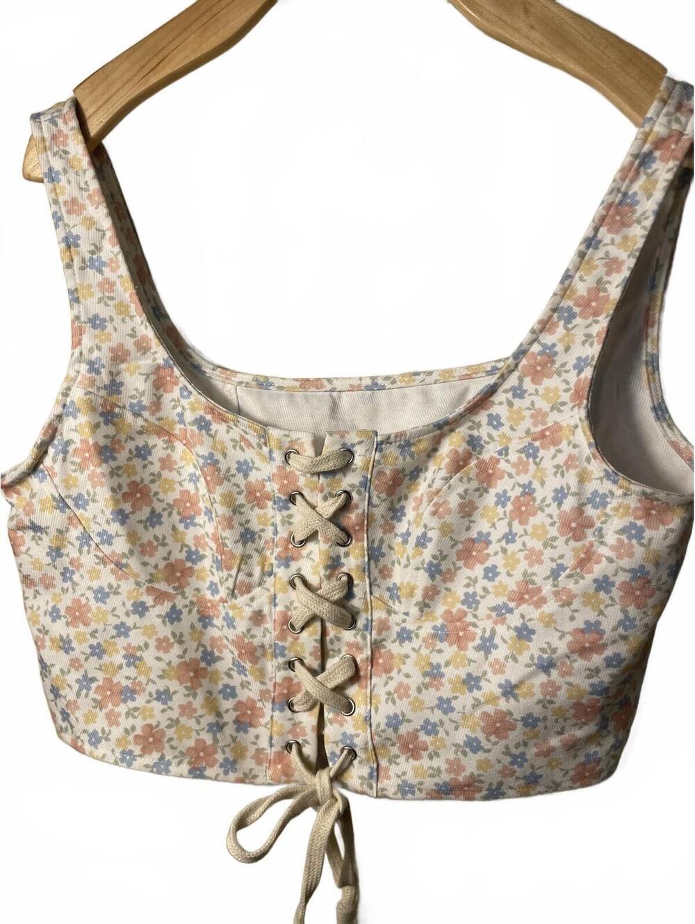 Cider Floral Lace Up Crop Top Women’s Large Boho Festival Summer Cottagecore EUC